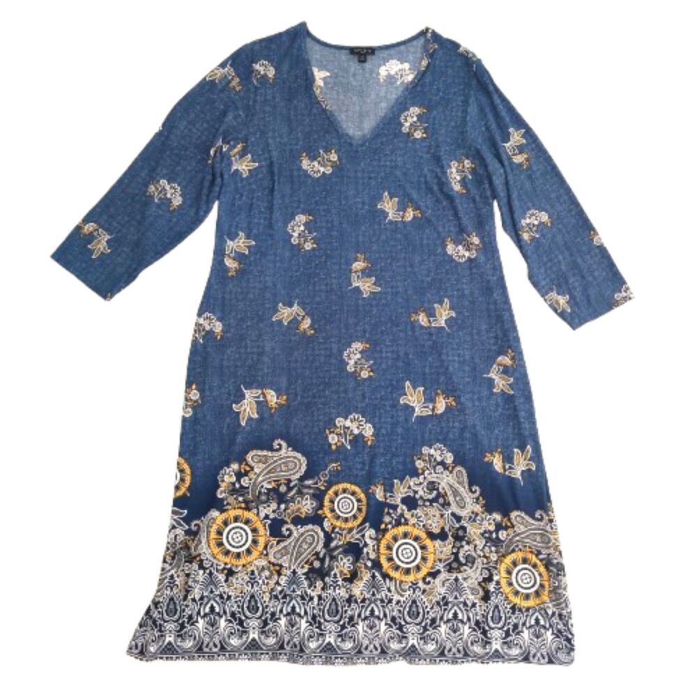 Sami & Jo Plus Women's 1X Blue Faux Denim Floral Paisley Border Print Maxi Dress